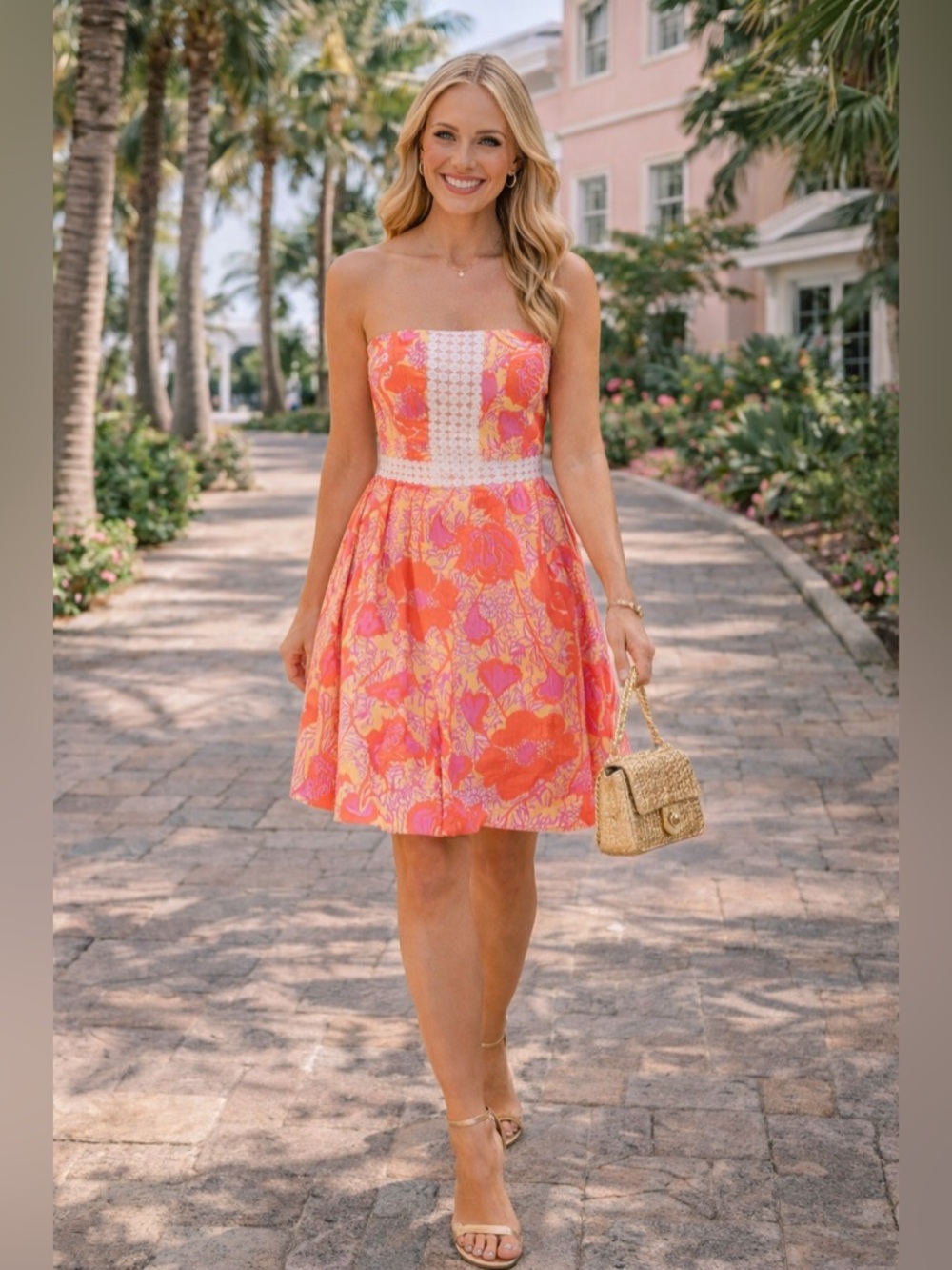 Vintage Lilly Pulitzer Strapless Pink Orange Dress 🌴 Palm Beach Boutique Resort